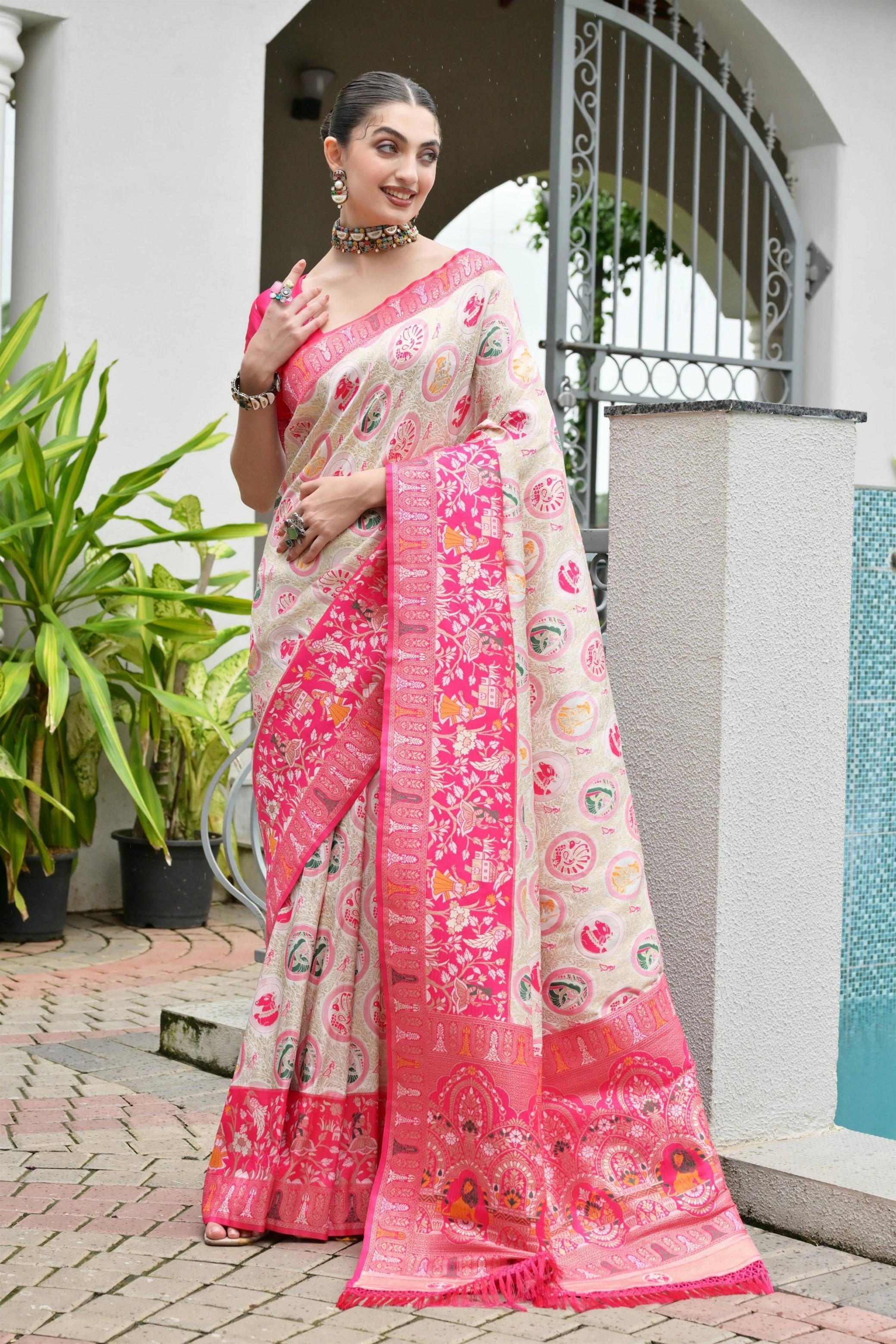 Aadhya Pink Green Patola Silk Saree