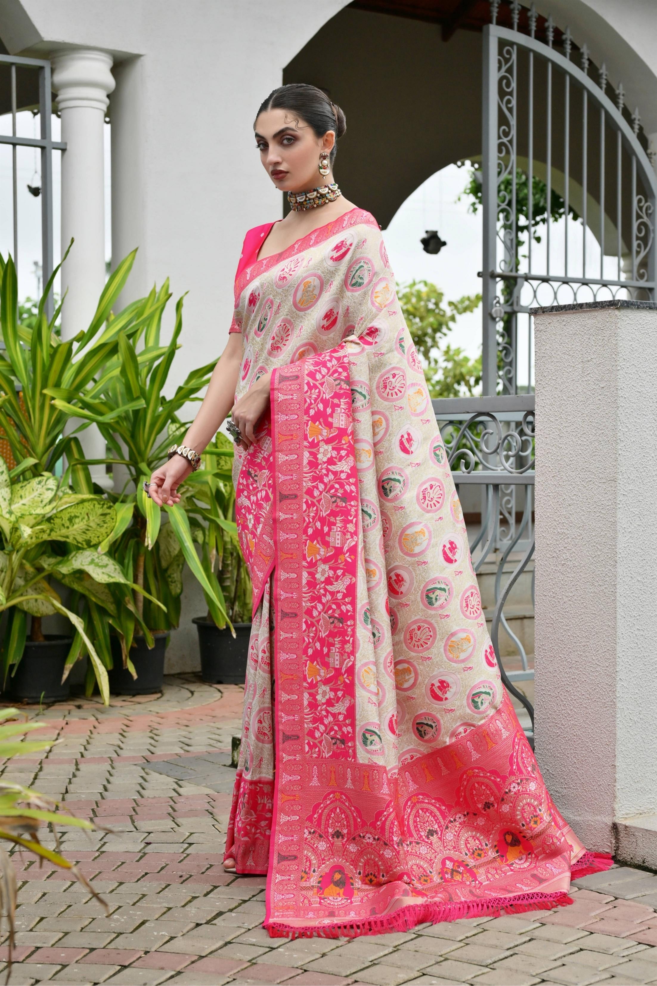 Aadhya Pink Green Patola Silk Saree