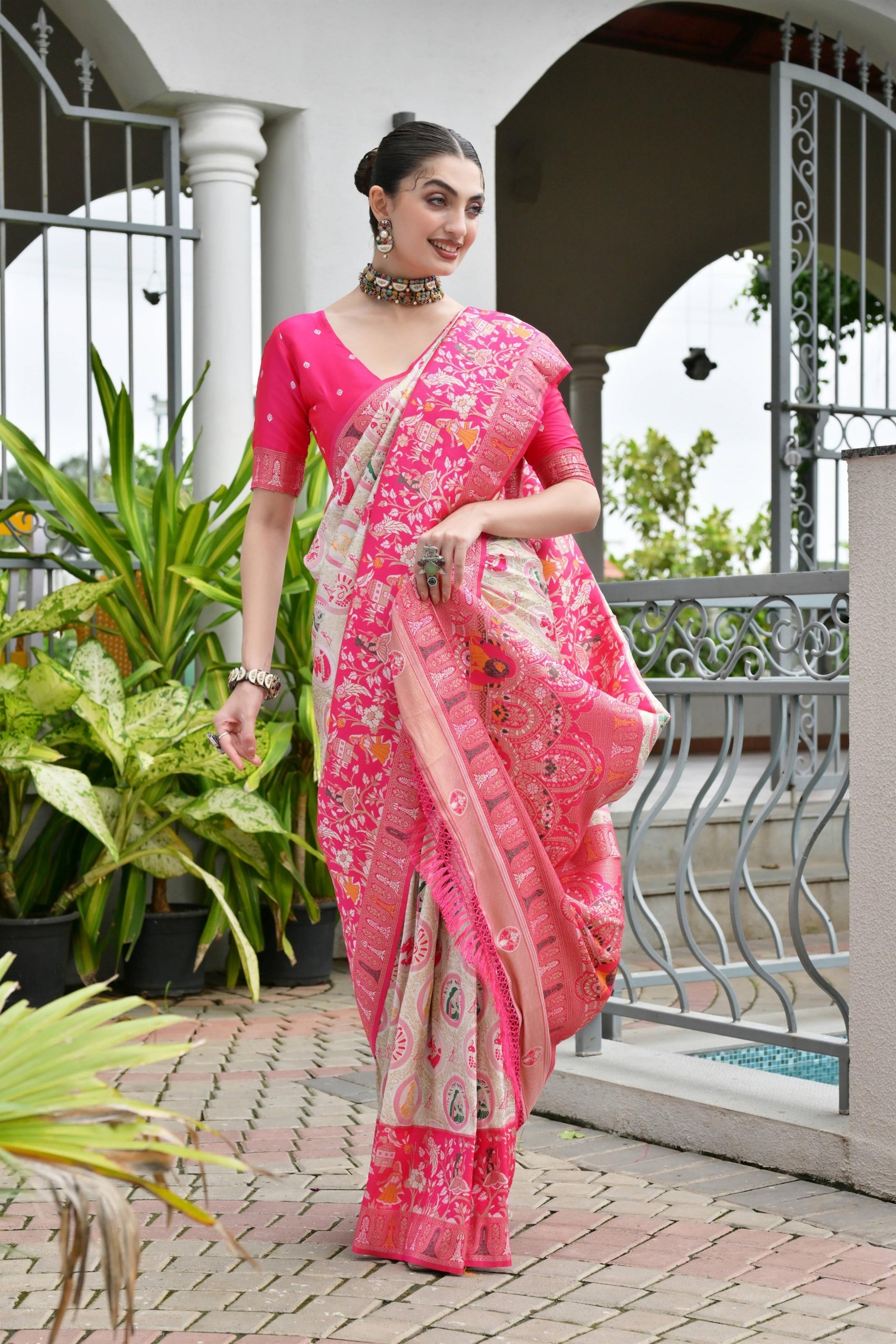 Aadhya Pink Green Patola Silk Saree