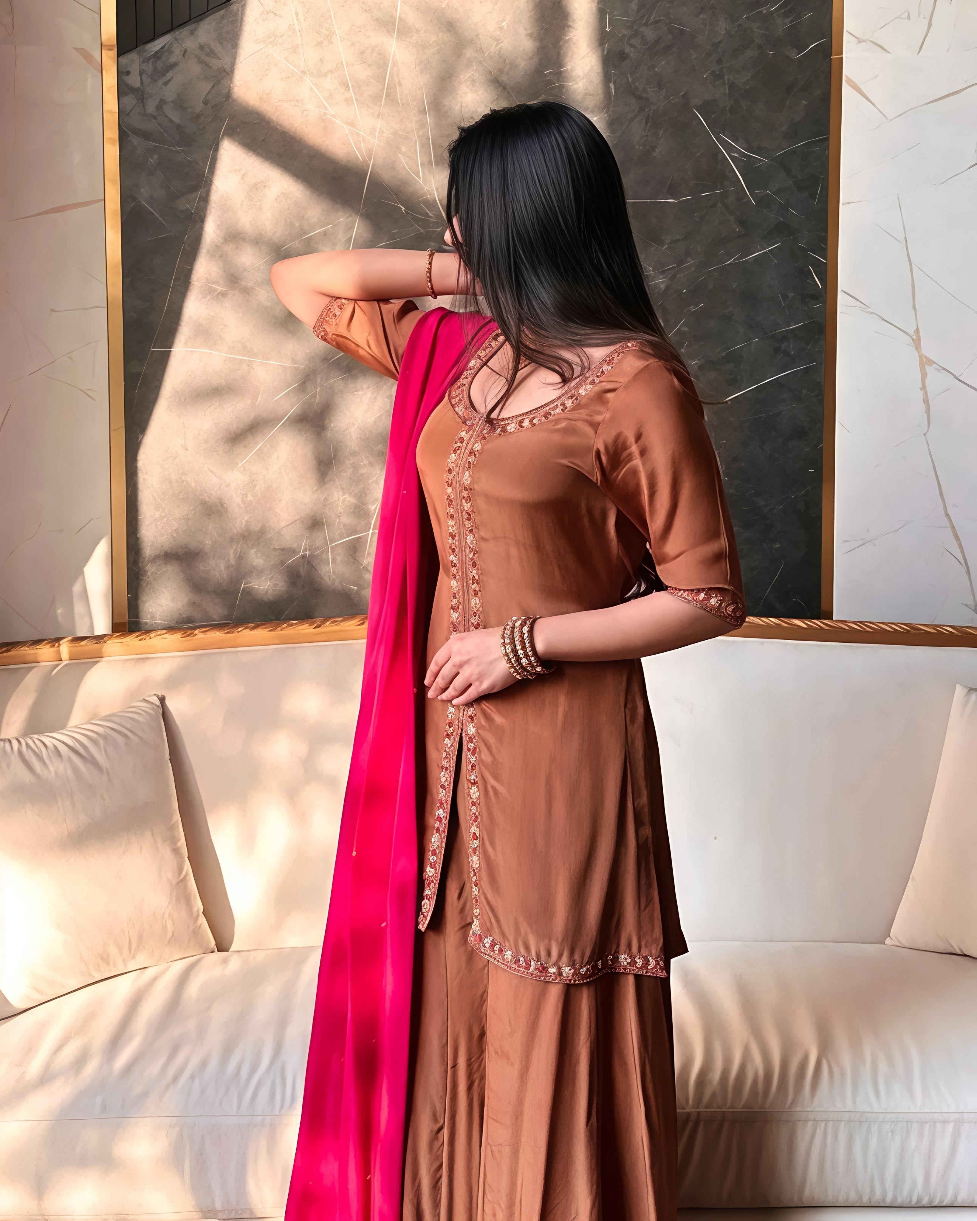 Chocolate Brown Crepe Silk Embroidery Palazzo Suit