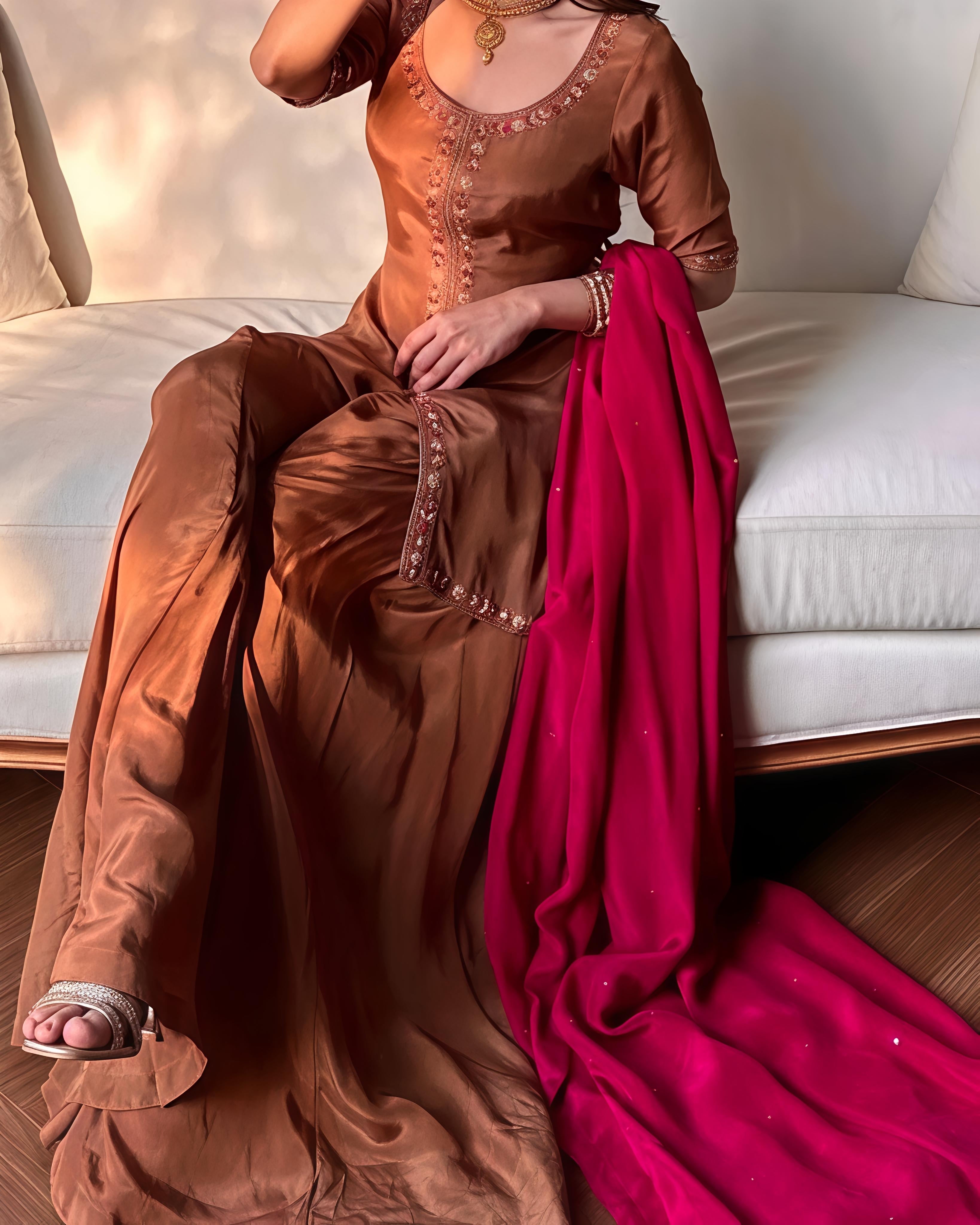 Chocolate Brown Crepe Silk Embroidery Palazzo Suit