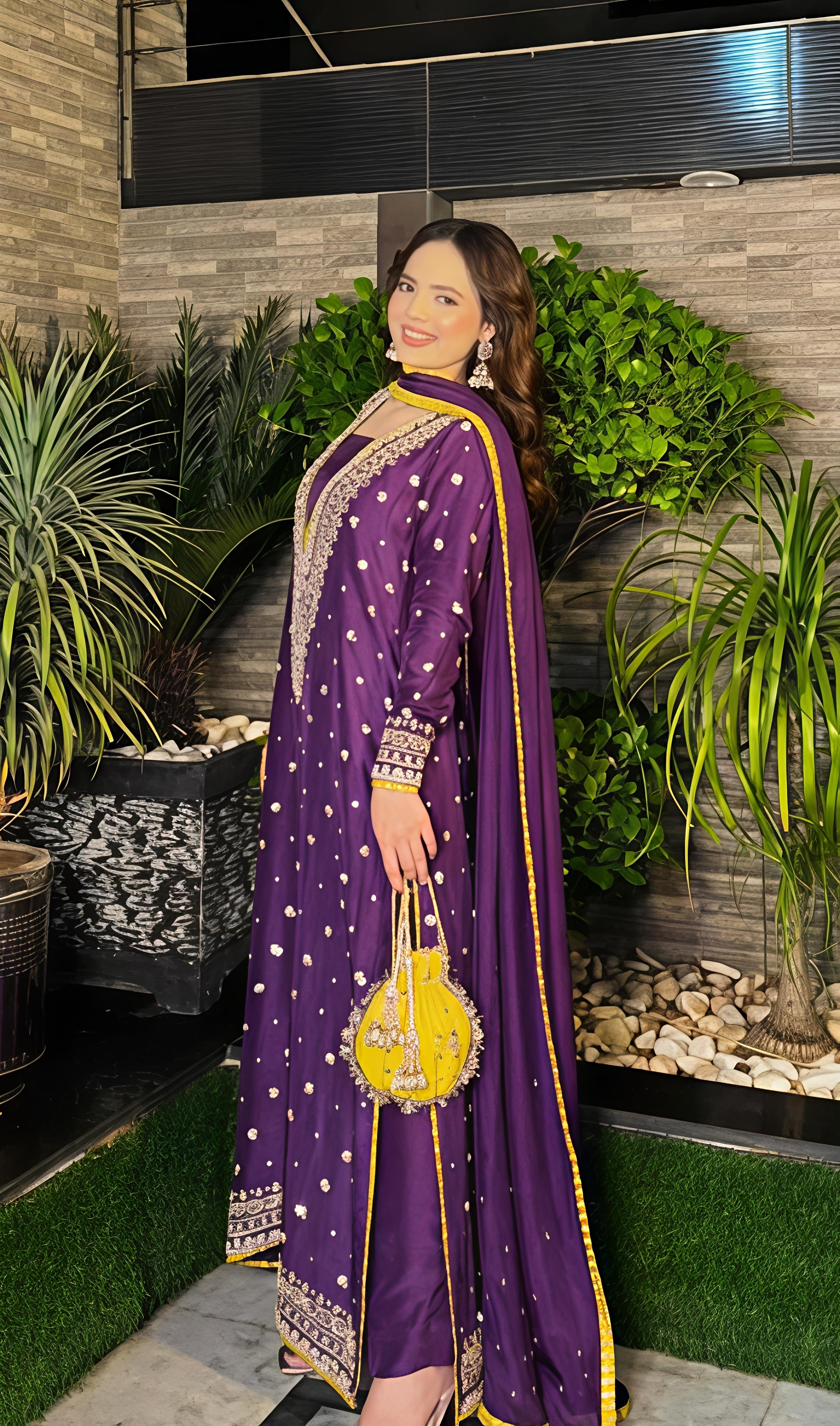 Purple Embroidered Chinon Straight Cut Suit