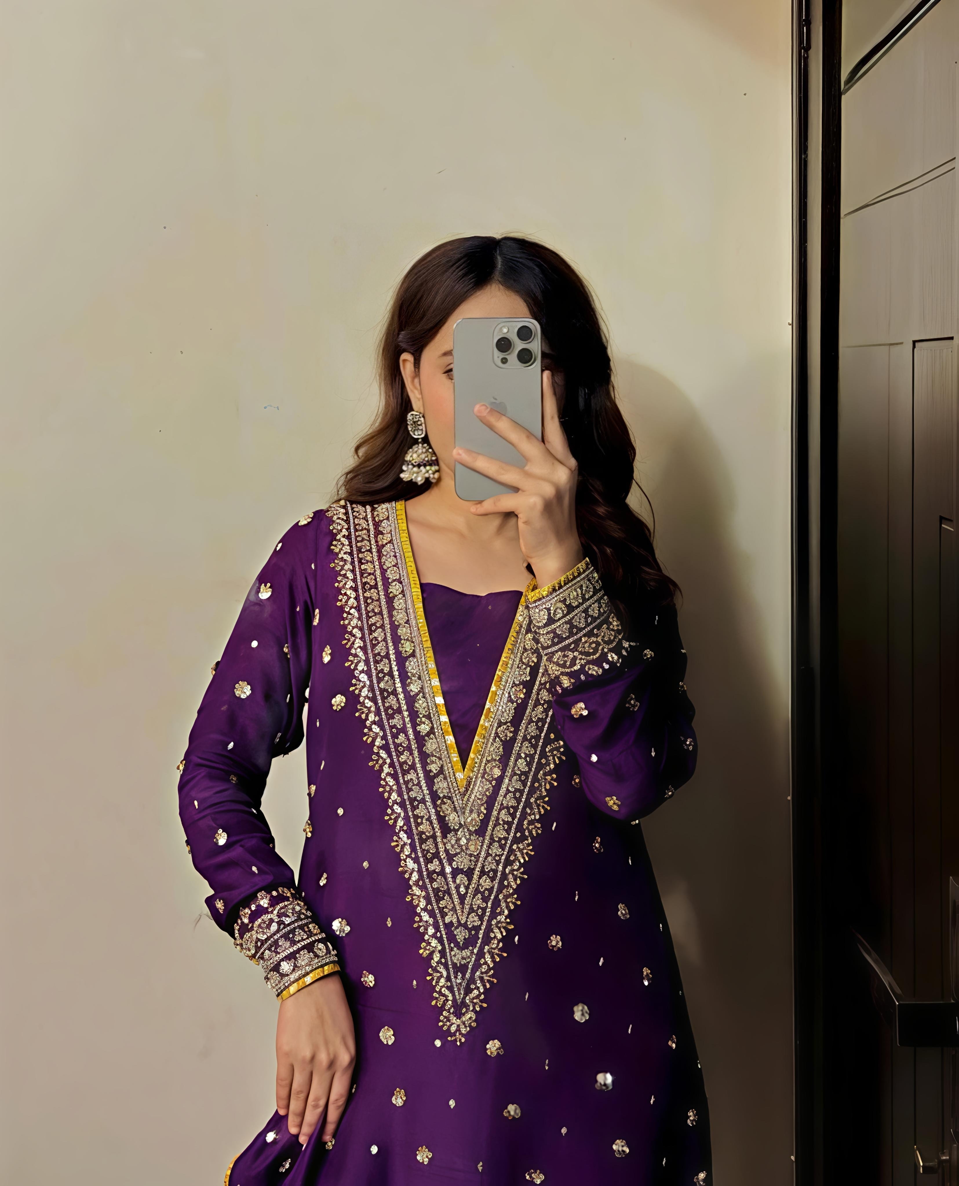 Purple Embroidered Chinon Straight Cut Suit