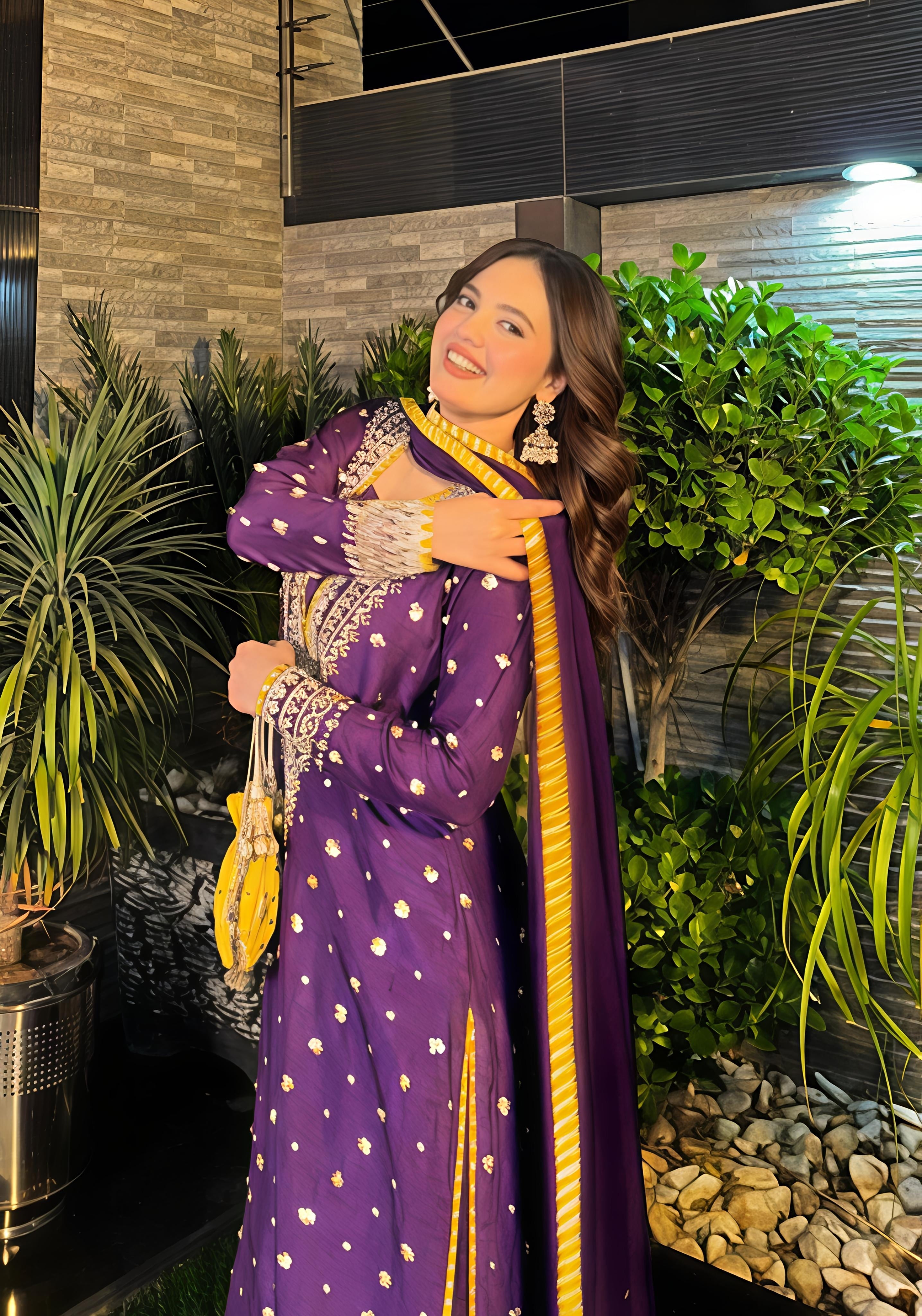Purple Embroidered Chinon Straight Cut Suit