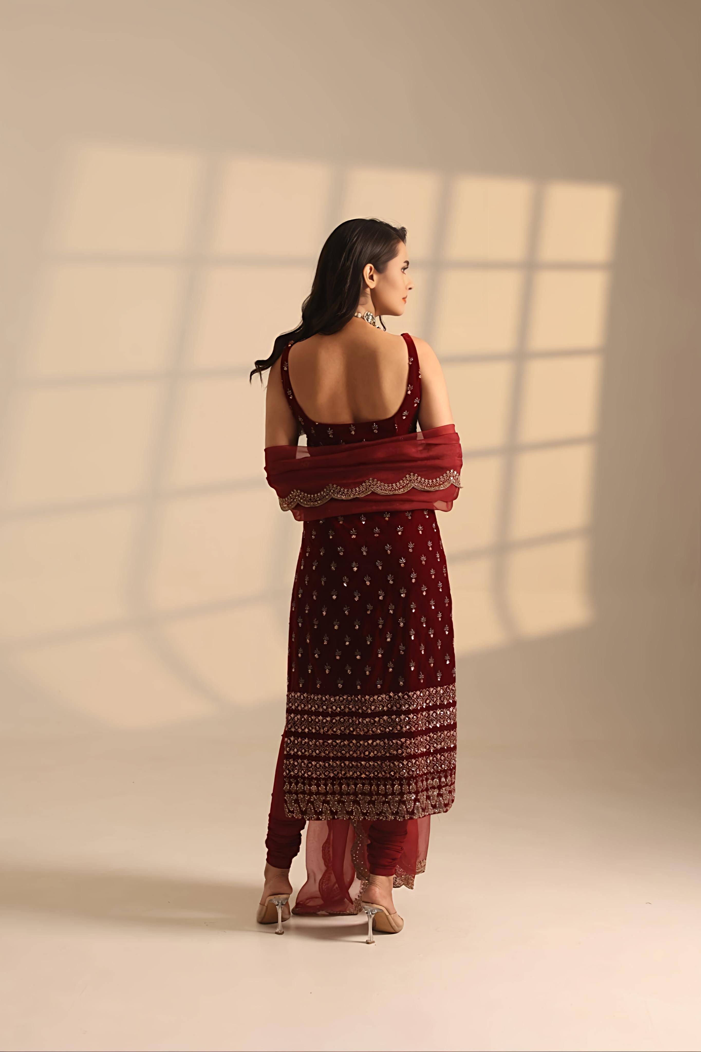 Red Heavy Booti Work Long Kurti Set
