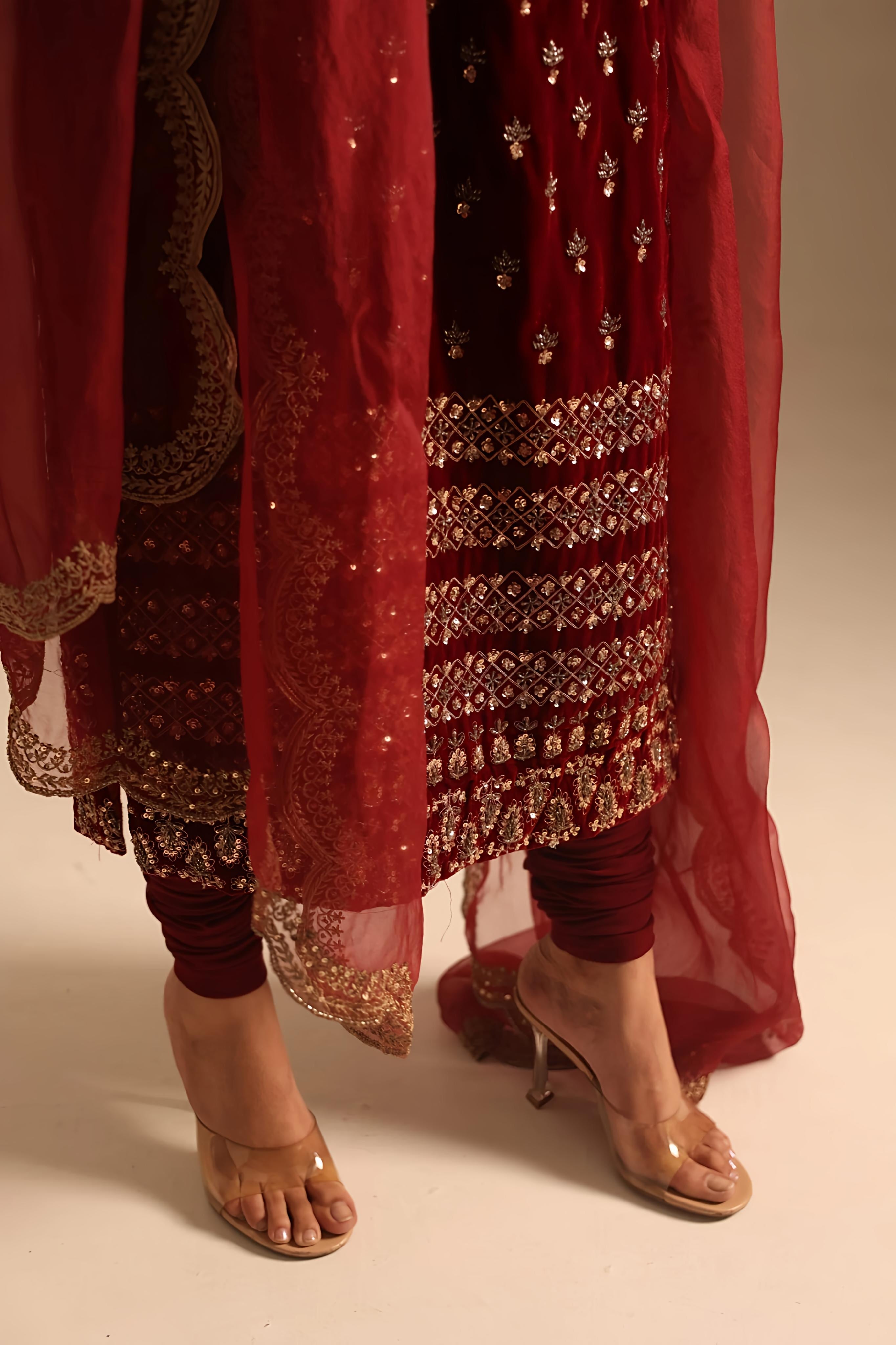 Red Heavy Booti Work Long Kurti Set