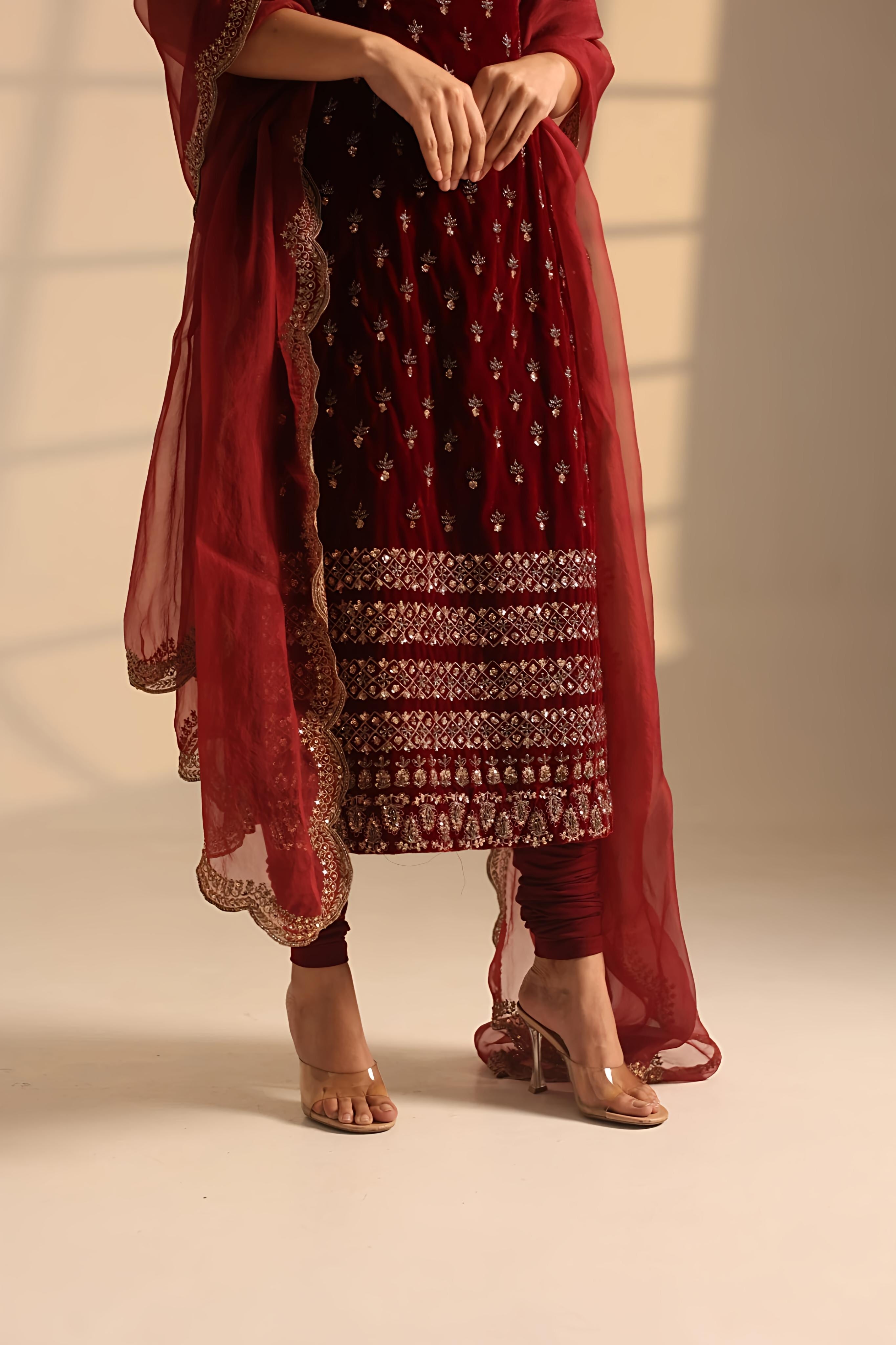 Red Heavy Booti Work Long Kurti Set