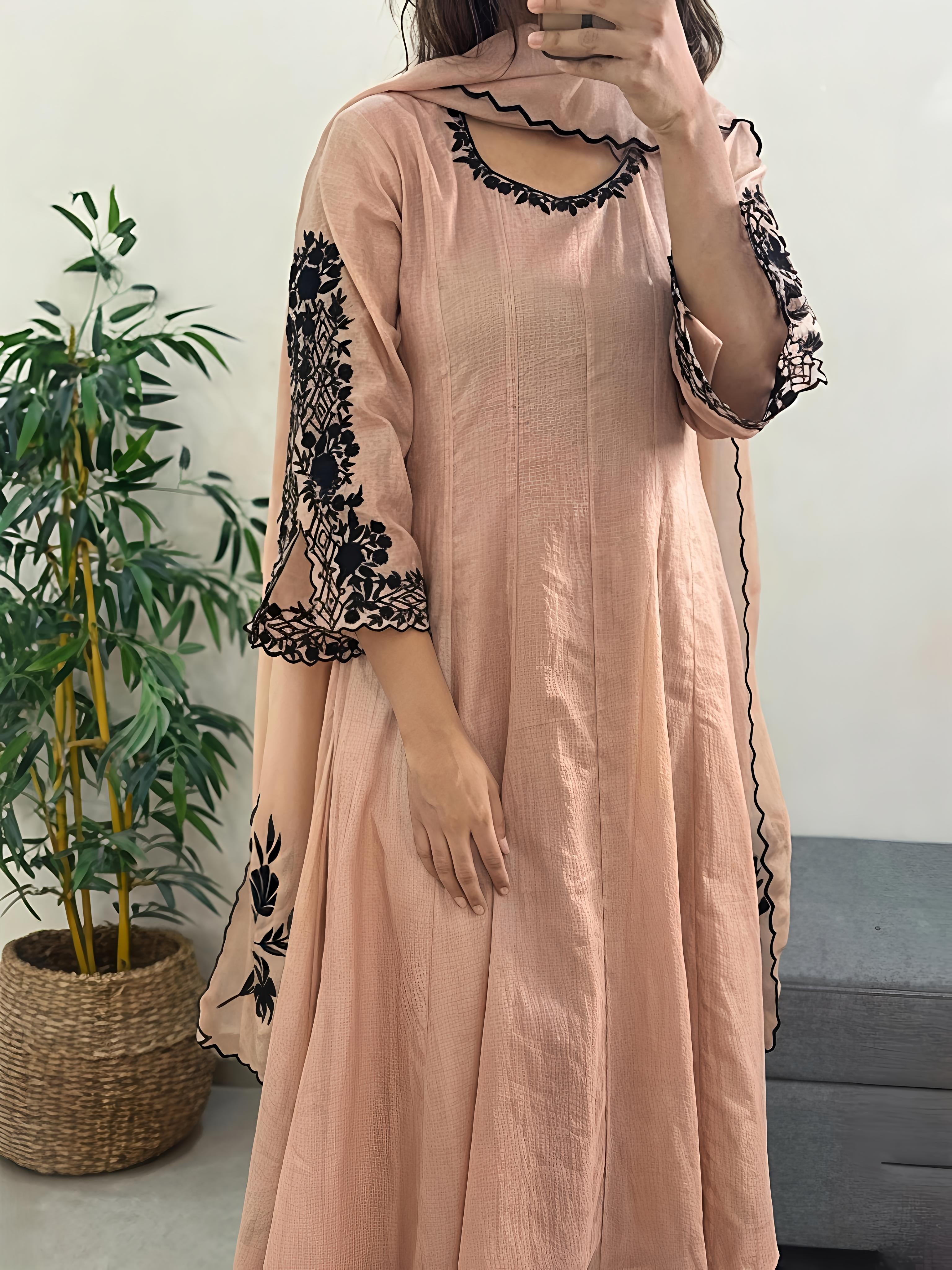 Beige Mul Chanderi Suit Set
