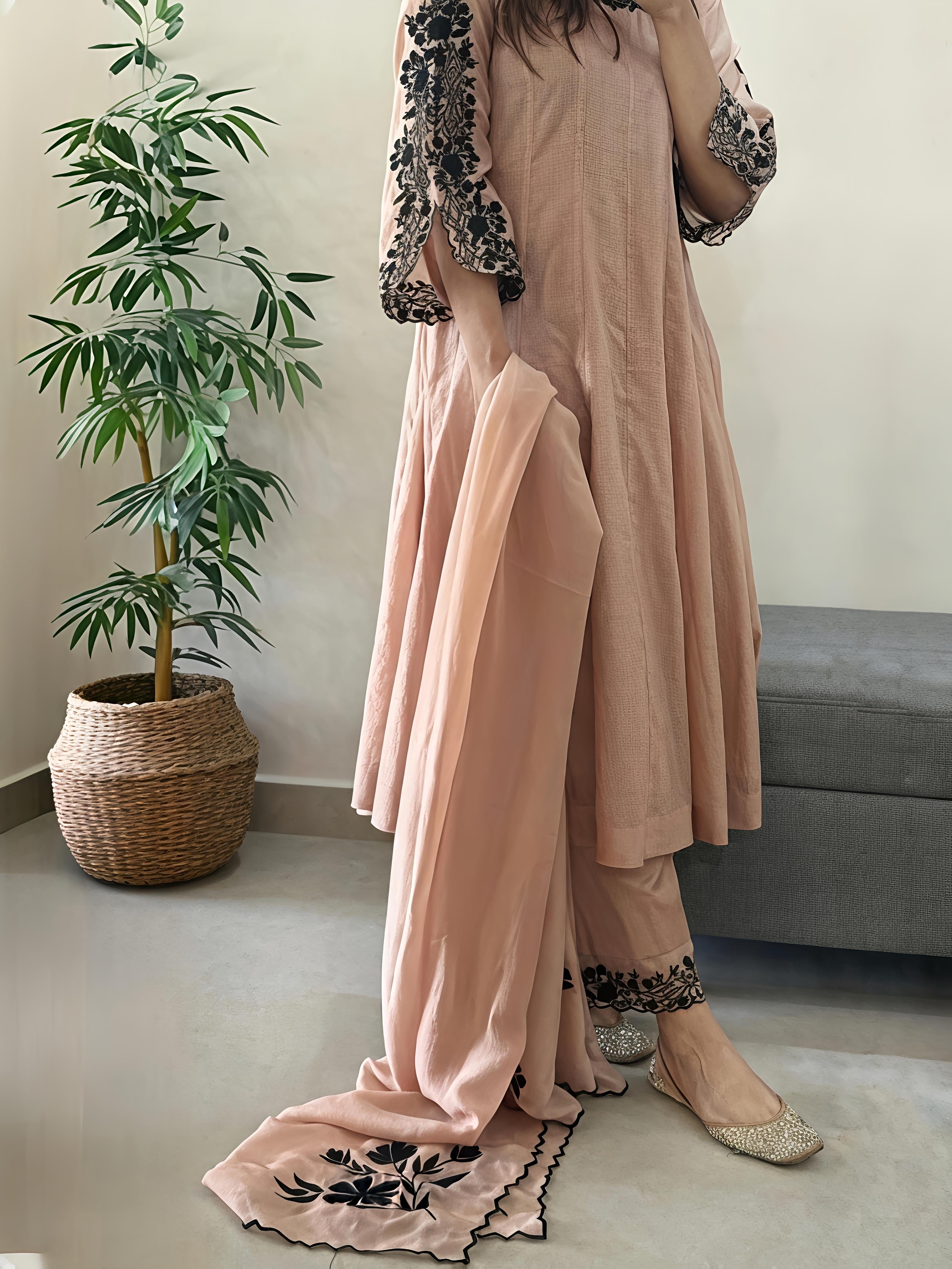 Beige Mul Chanderi Suit Set