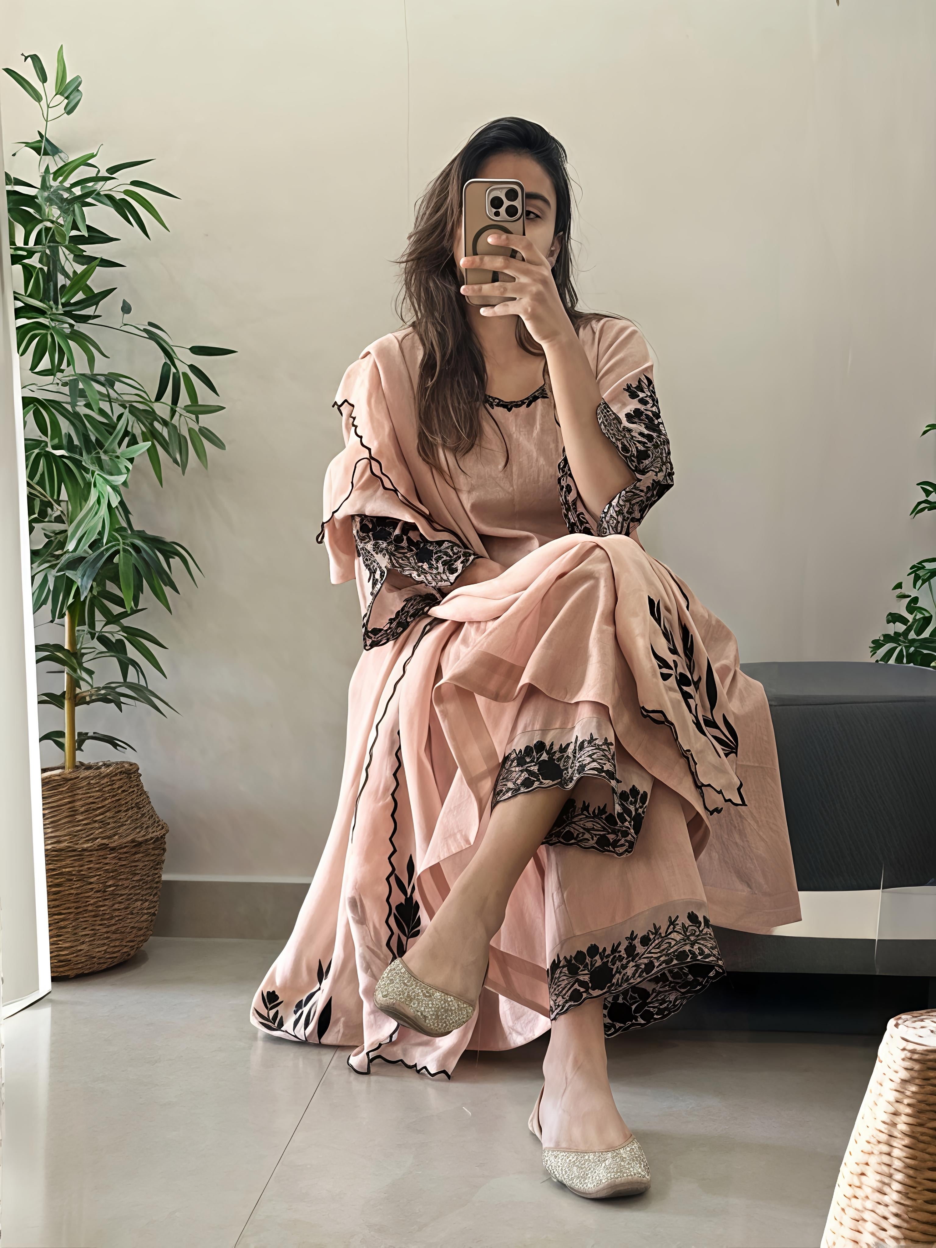 Beige Mul Chanderi Suit Set