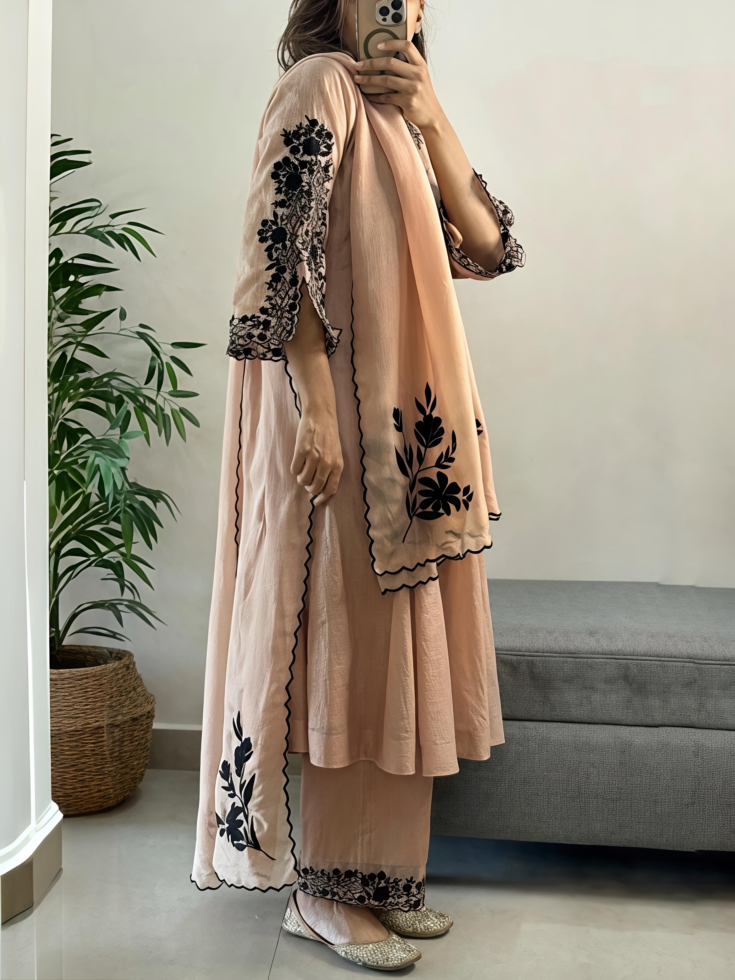 Beige Mul Chanderi Suit Set