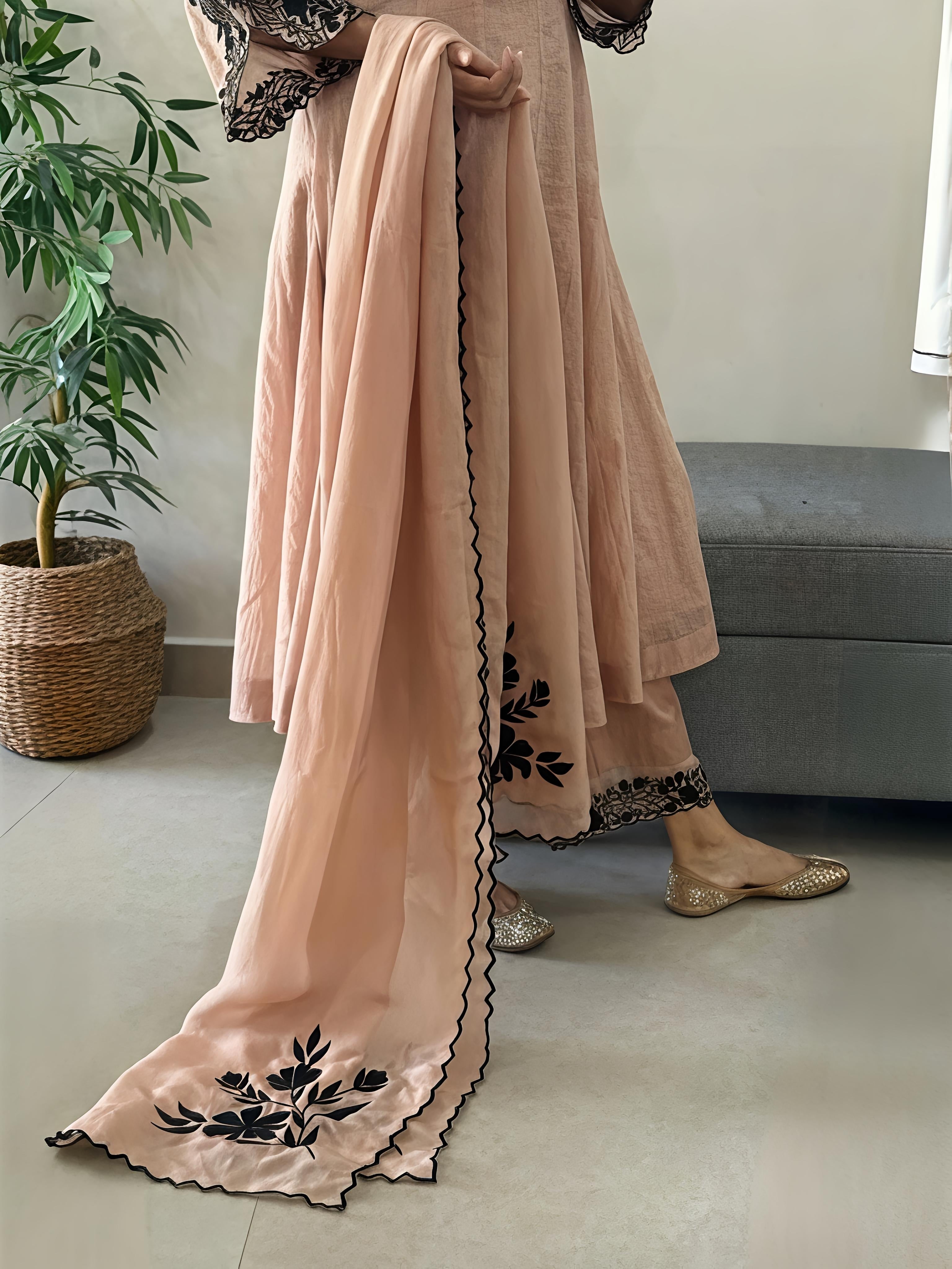 Beige Mul Chanderi Suit Set
