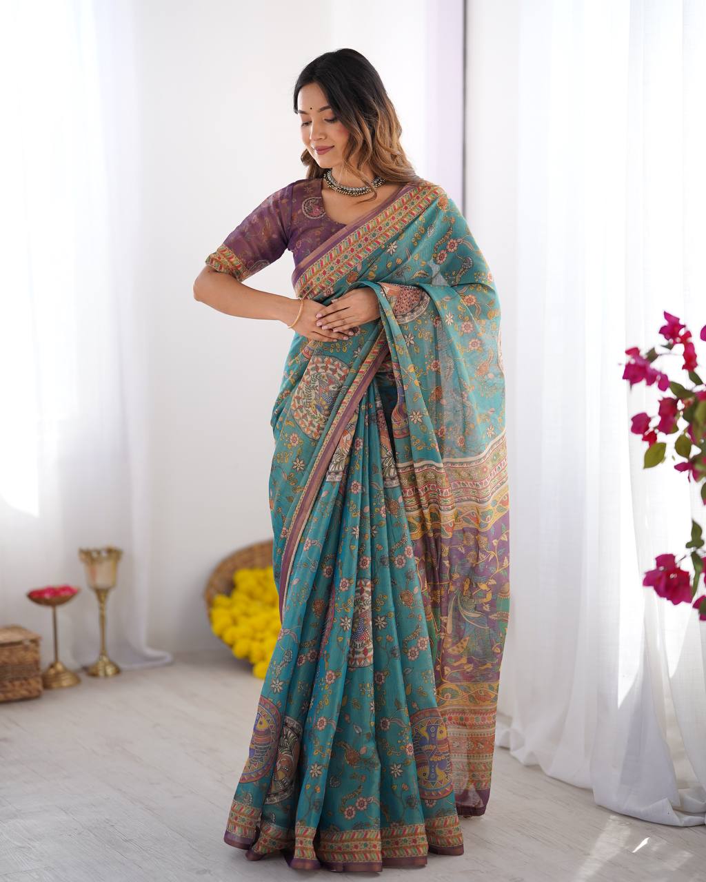 Linen Cotton With Beautiful Elegance Flowers  Digital Printed Saree