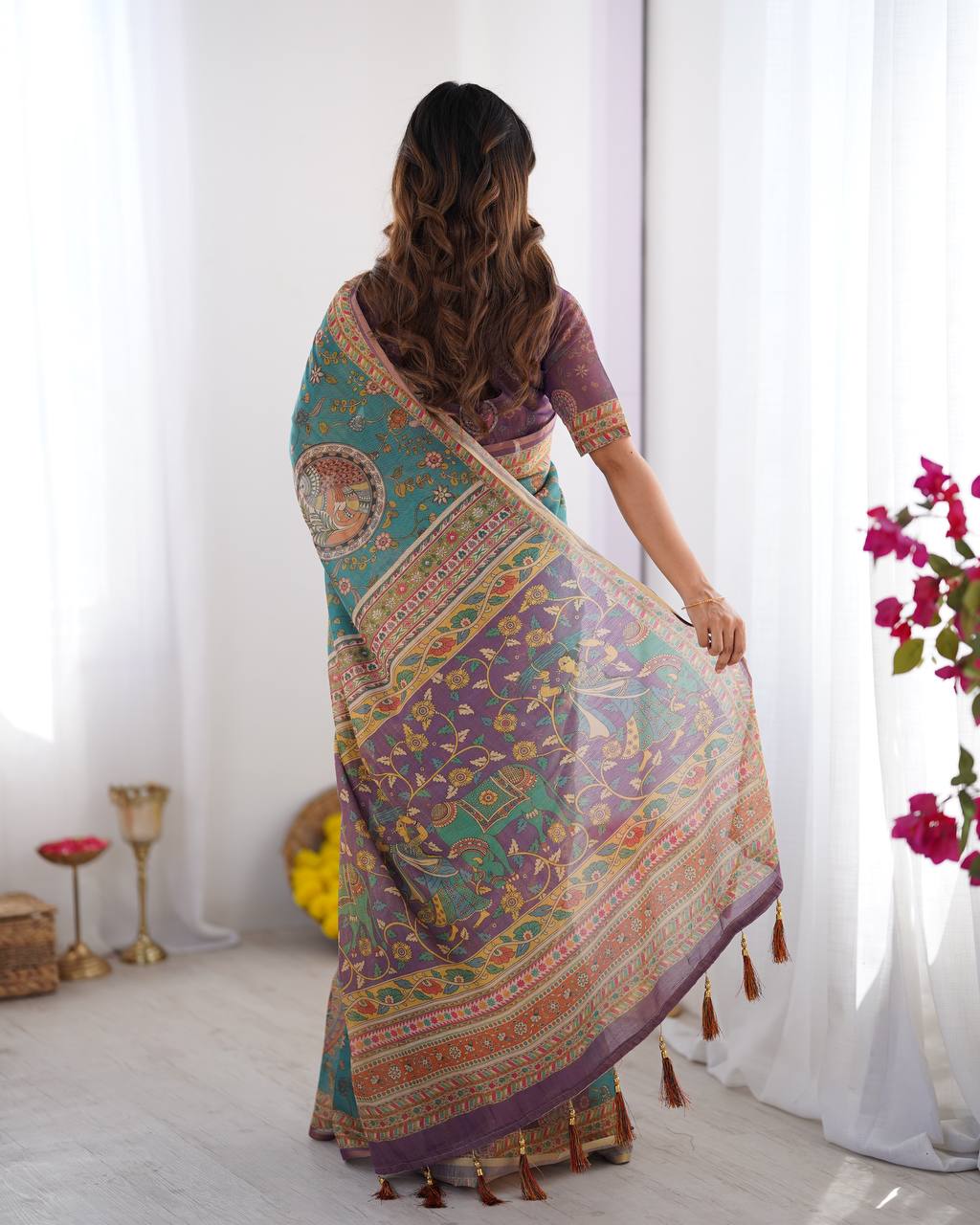 Linen Cotton With Beautiful Elegance Flowers  Digital Printed Saree