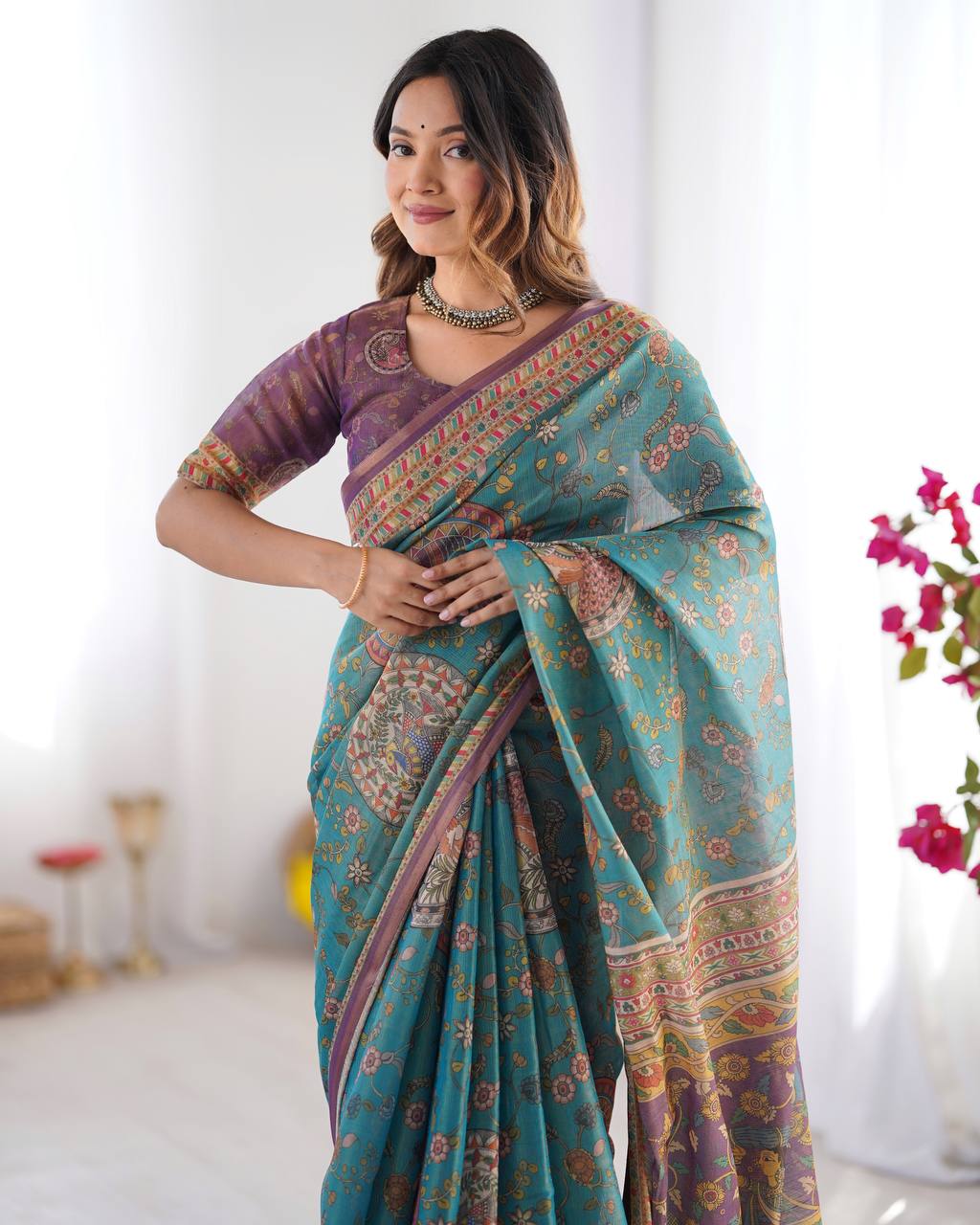 Linen Cotton With Beautiful Elegance Flowers  Digital Printed Saree