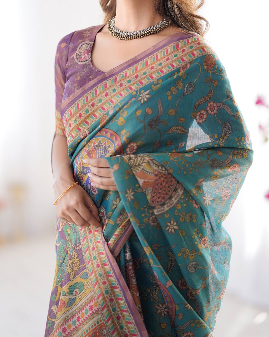 Linen Cotton With Beautiful Elegance Flowers  Digital Printed Saree