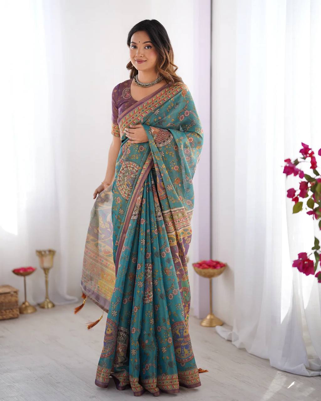 Linen Cotton With Beautiful Elegance Flowers  Digital Printed Saree