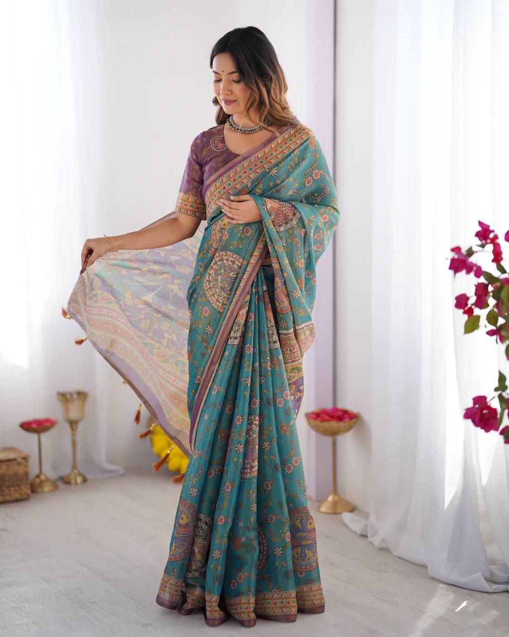 Linen Cotton With Beautiful Elegance Flowers  Digital Printed Saree