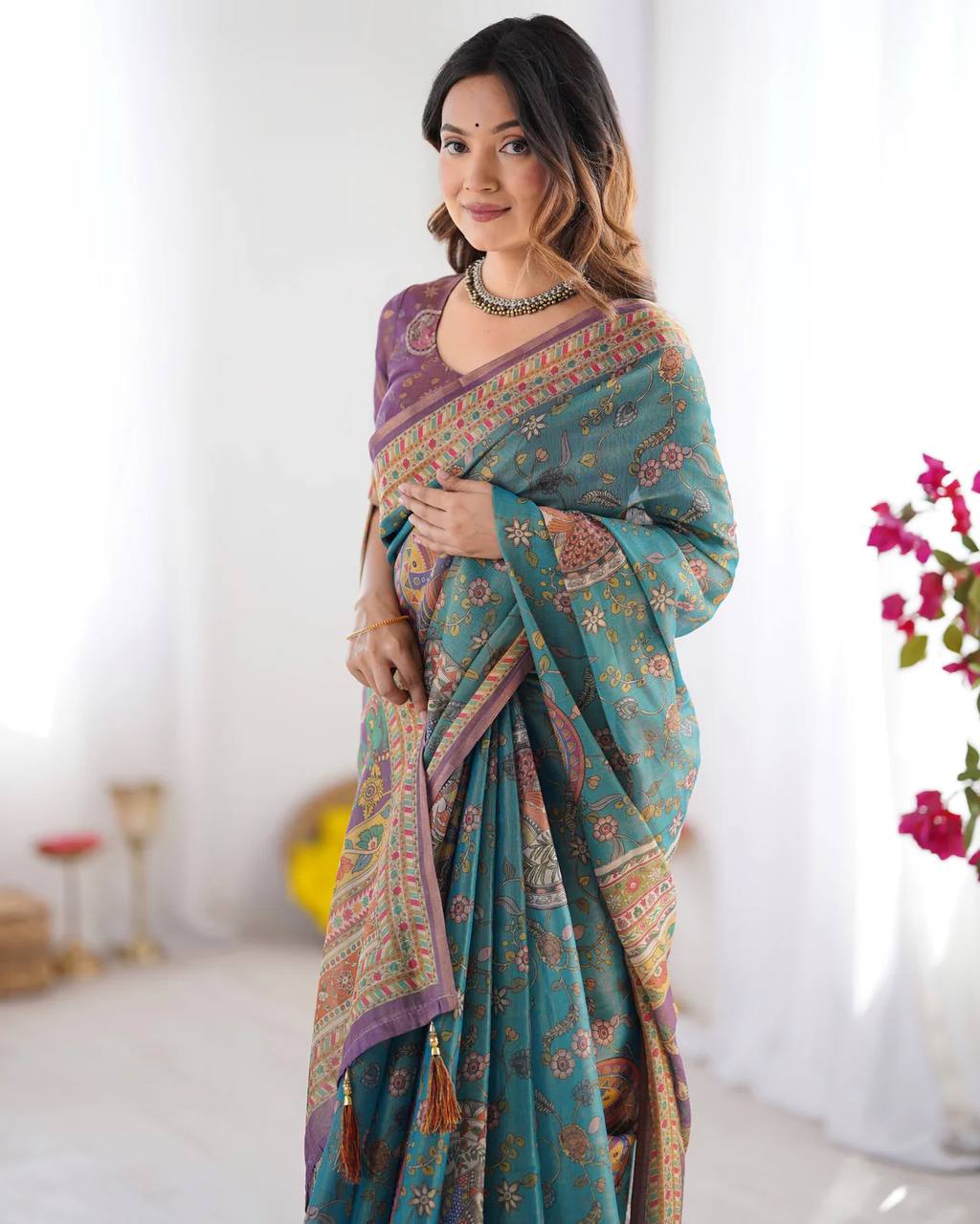 Linen Cotton With Beautiful Elegance Flowers  Digital Printed Saree