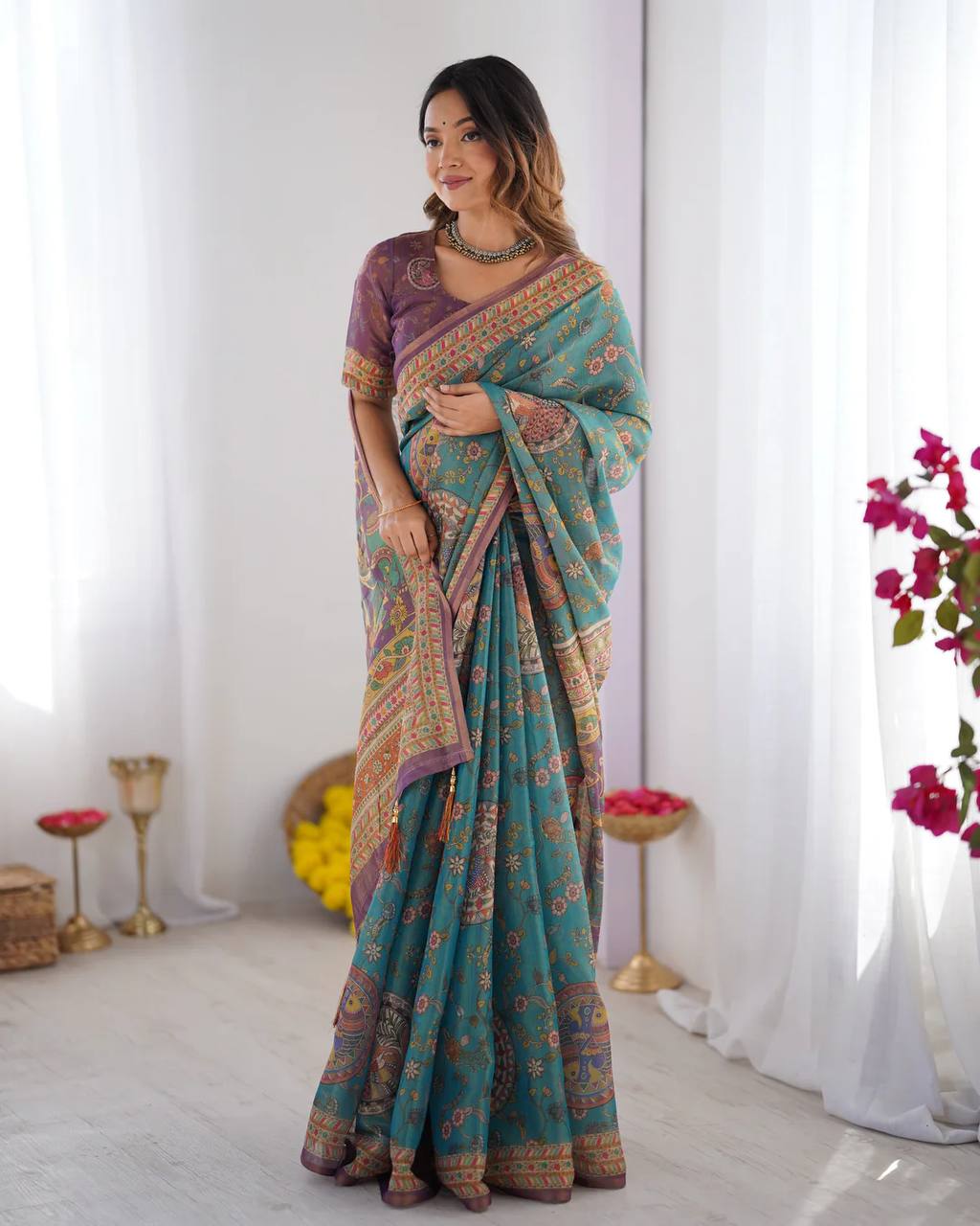 Linen Cotton With Beautiful Elegance Flowers  Digital Printed Saree