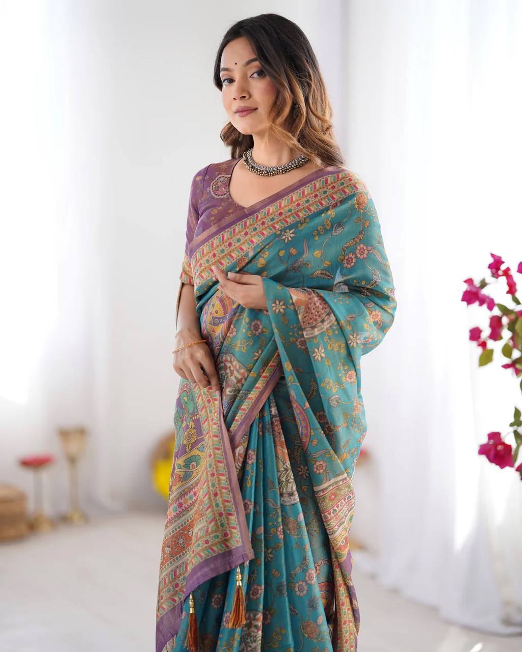 Linen Cotton With Beautiful Elegance Flowers  Digital Printed Saree