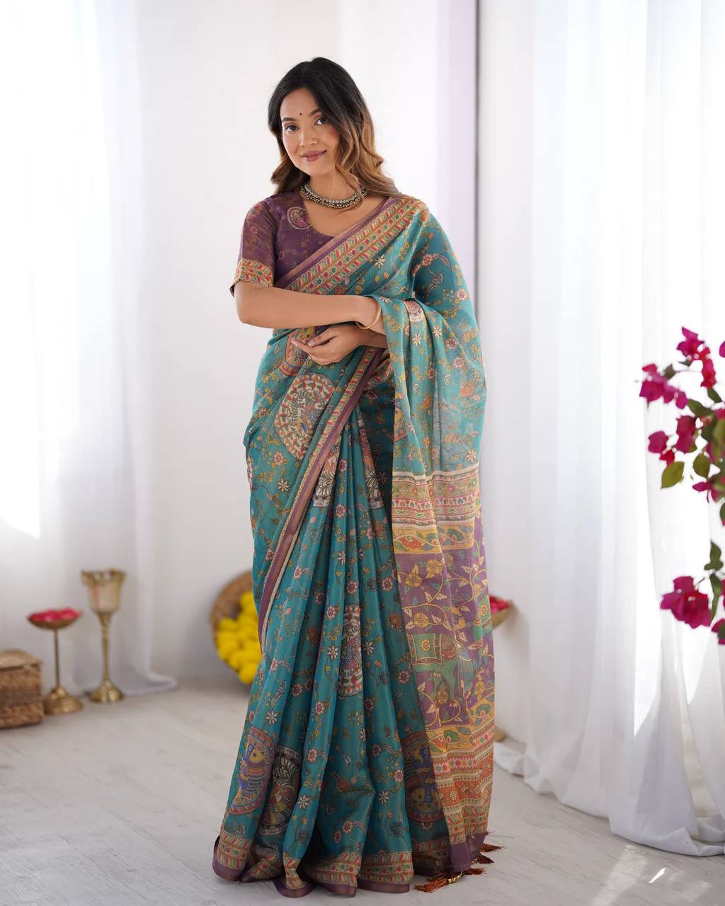 Linen Cotton With Beautiful Elegance Flowers  Digital Printed Saree