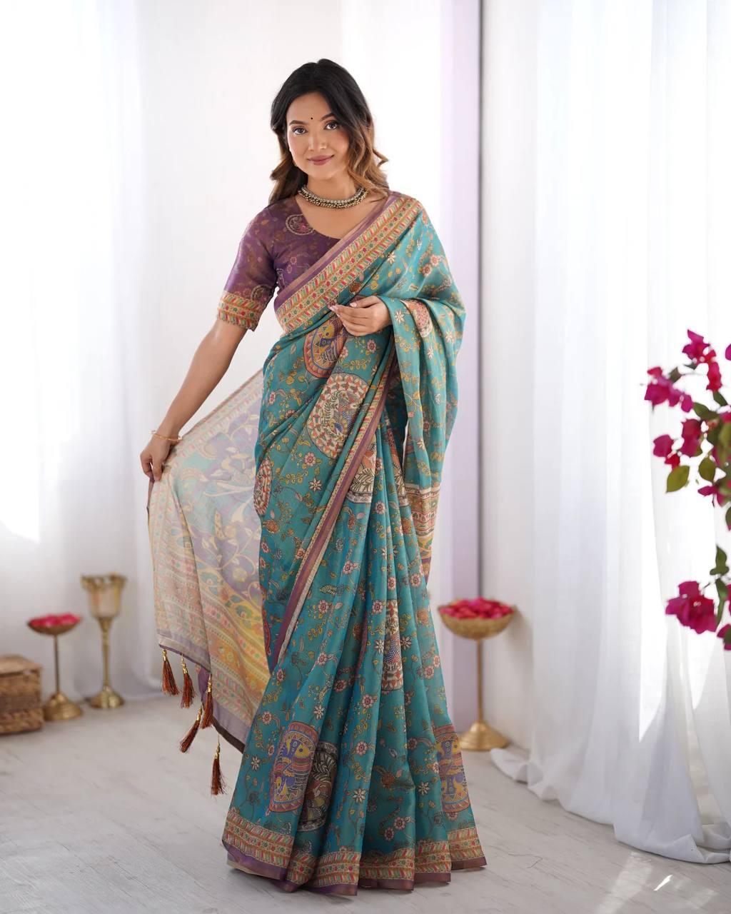 Linen Cotton With Beautiful Elegance Flowers  Digital Printed Saree