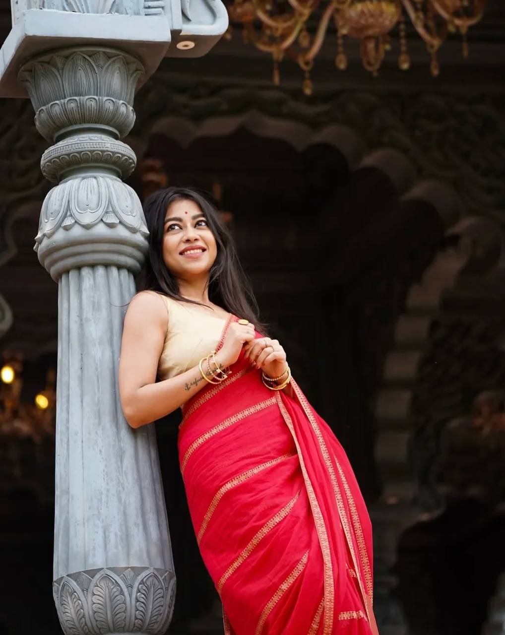 Premium Linen Cotton With Beautiful Elegance Small Lining Saree Red