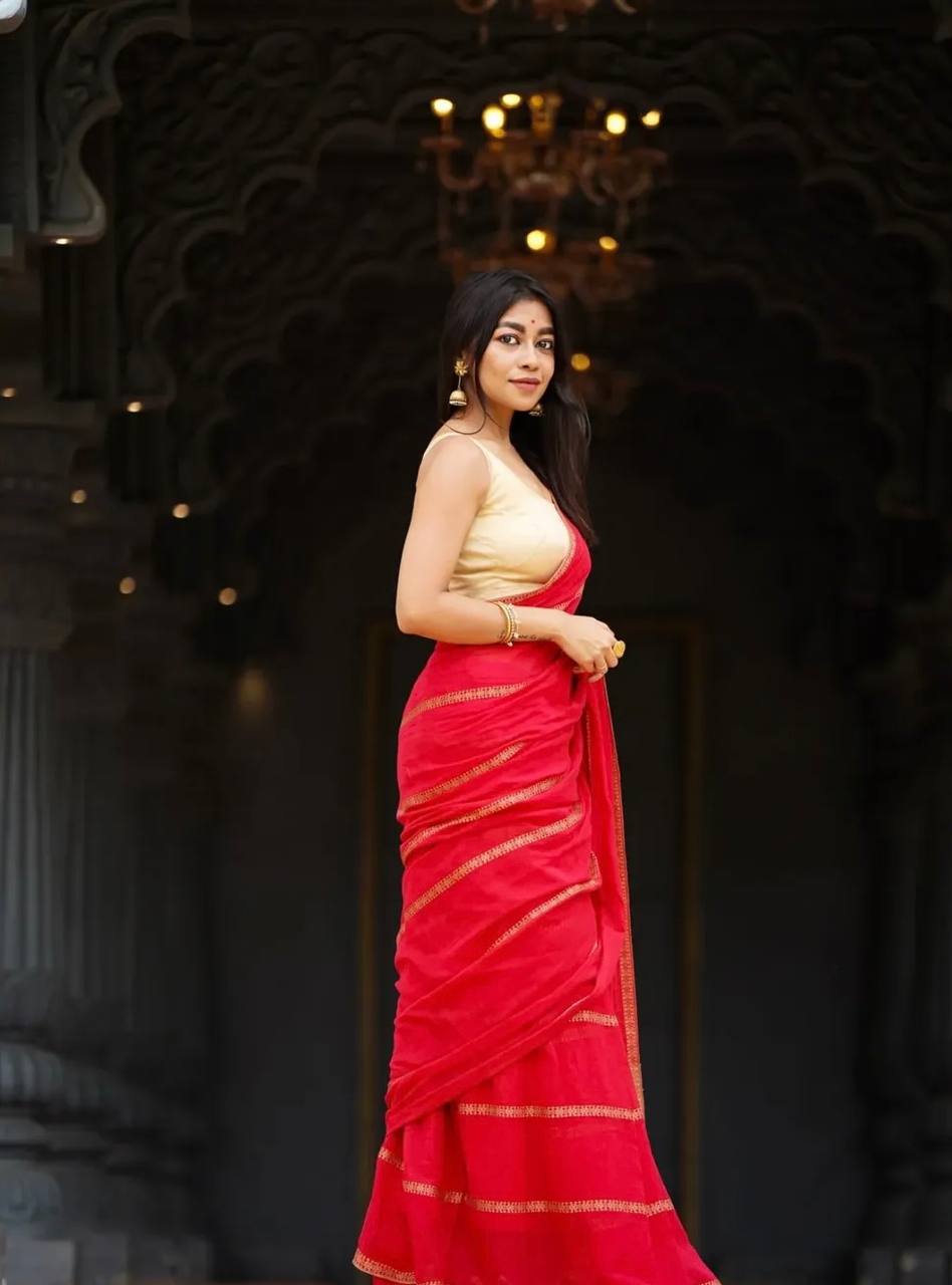 Premium Linen Cotton With Beautiful Elegance Small Lining Saree Red