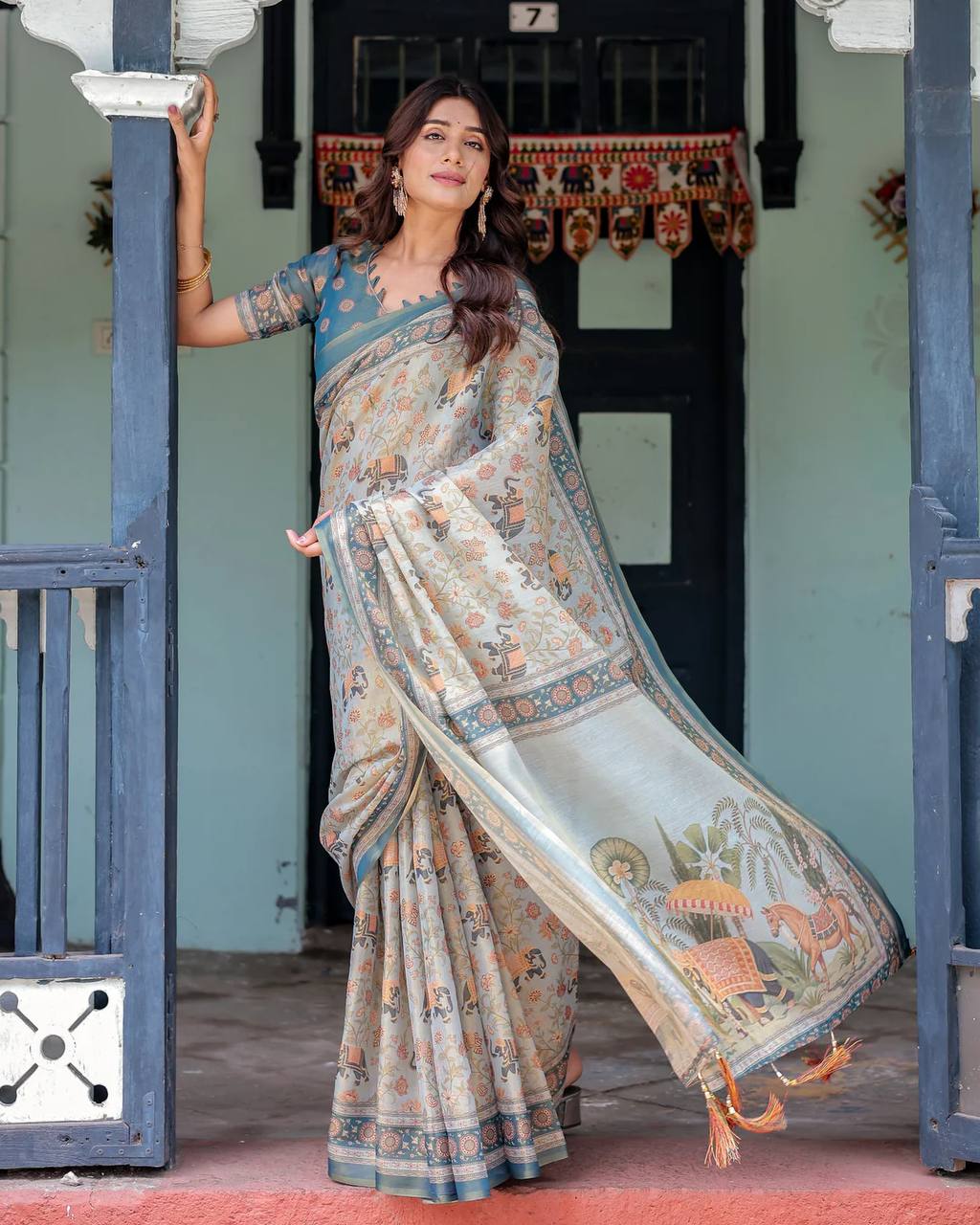 Linen Cotton With Beautiful Elegance Flowers And Animal Digital Printed Saree