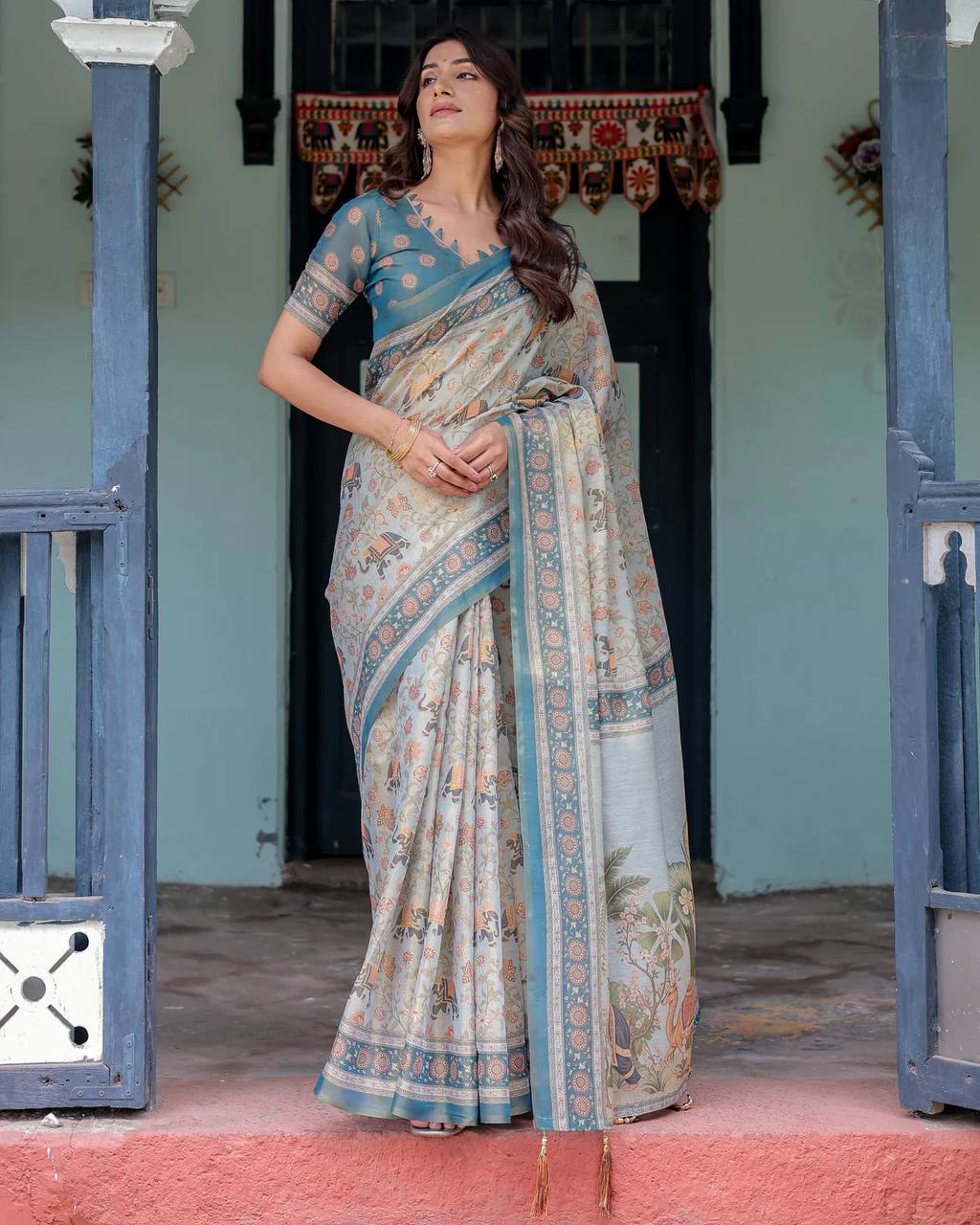 Linen Cotton With Beautiful Elegance Flowers And Animal Digital Printed Saree