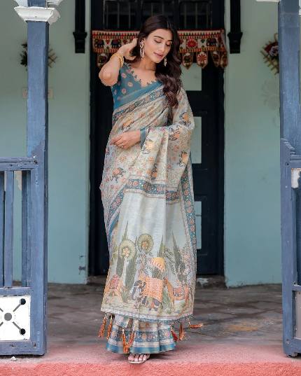 Linen Cotton With Beautiful Elegance Flowers And Animal Digital Printed Saree