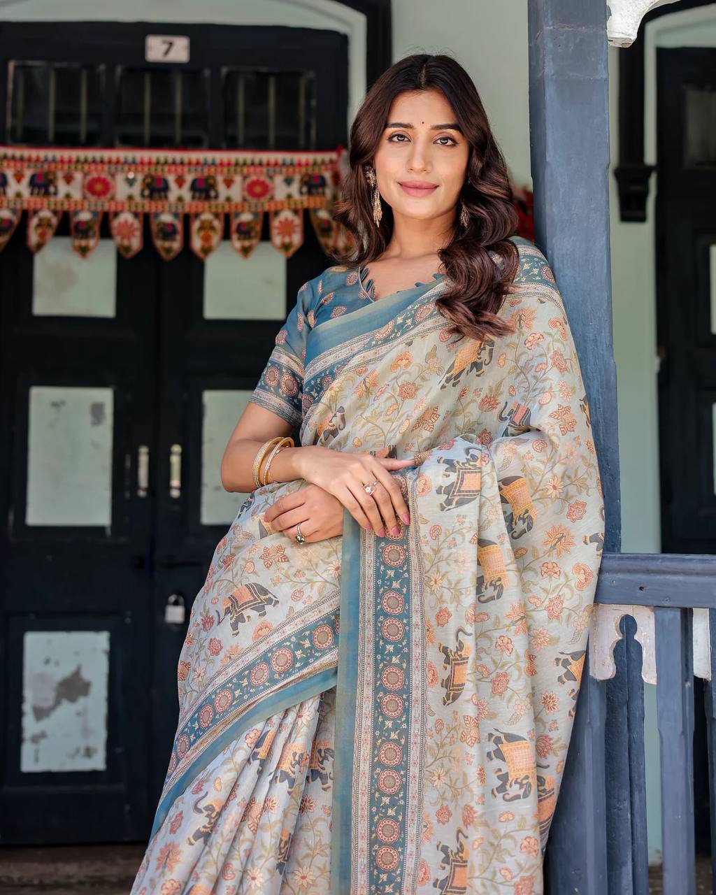 Linen Cotton With Beautiful Elegance Flowers And Animal Digital Printed Saree