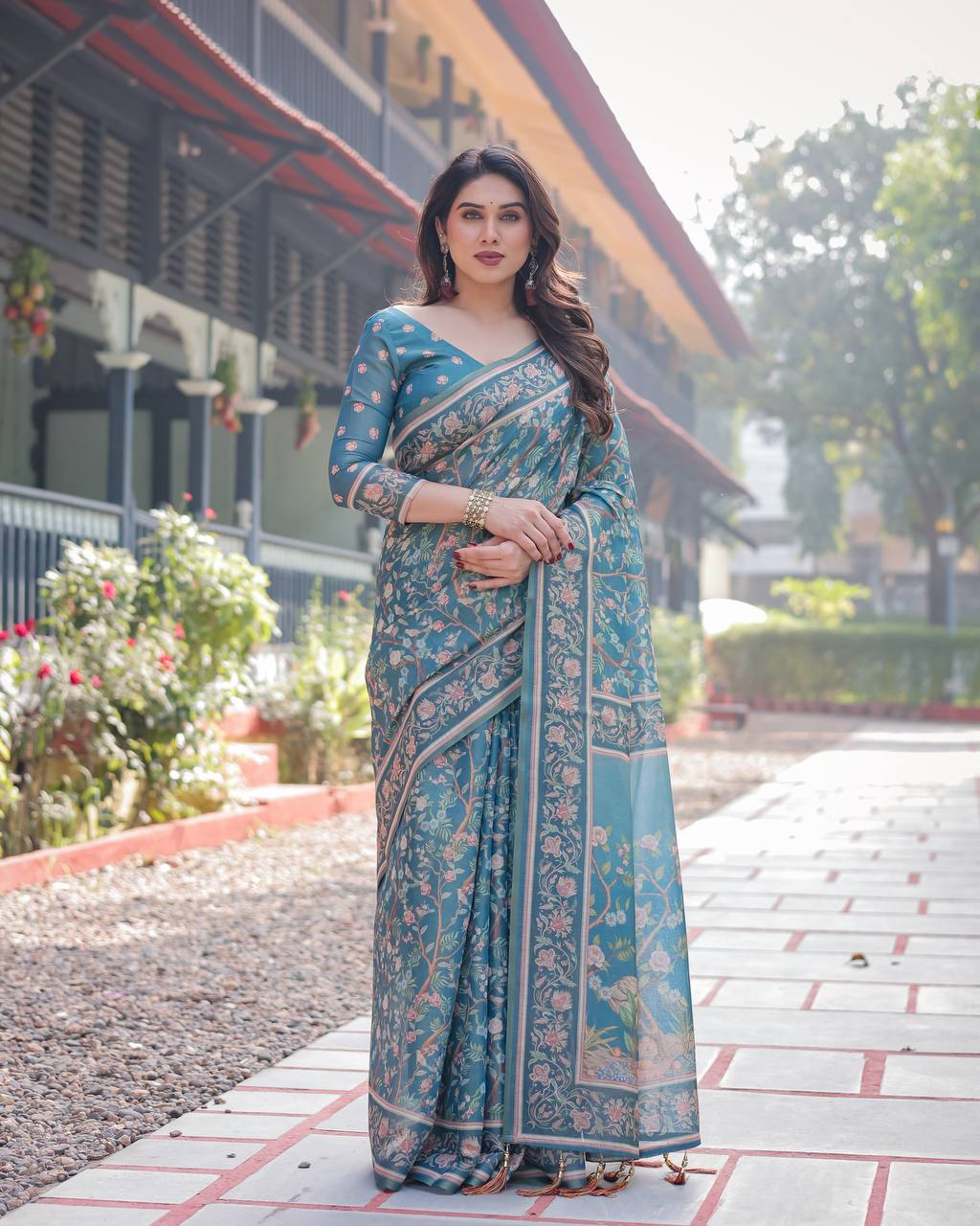 Linen Cotton With Beautiful Elegance Flowers Digital Printed Saree