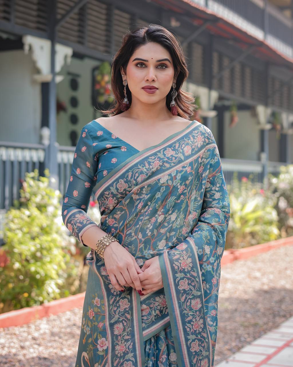 Linen Cotton With Beautiful Elegance Flowers Digital Printed Saree