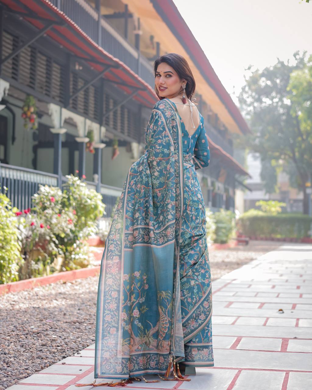 Linen Cotton With Beautiful Elegance Flowers Digital Printed Saree